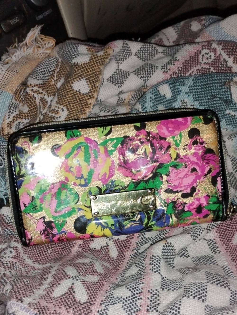Betsey Johnson Metallic Floral Clutch in Gold, Pink, Green